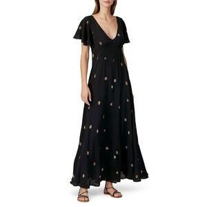 Veda Black Corazon Celestial Embroidered Short Sleeve V-Neck Maxi Dress XS